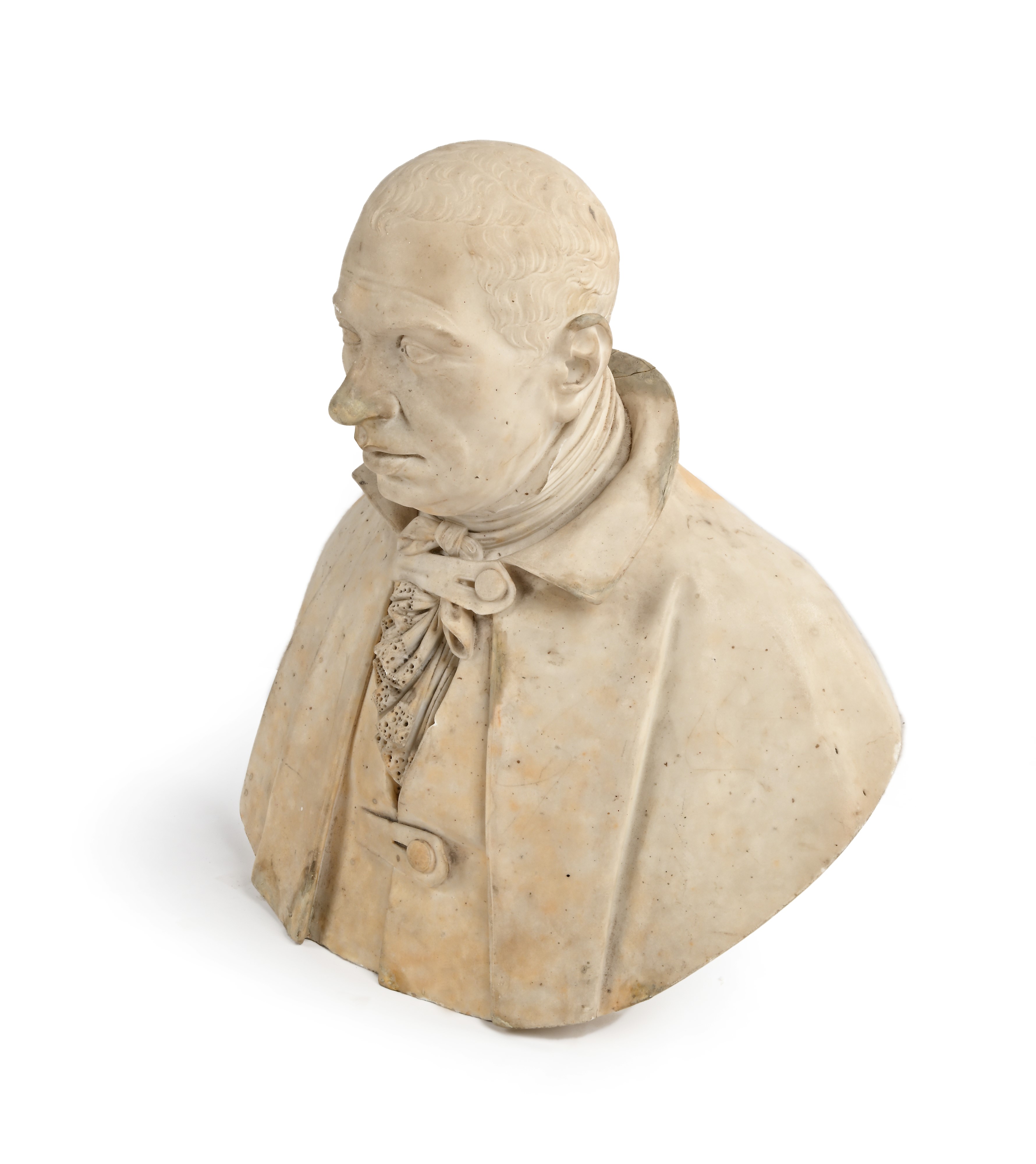 Scultore del XIX Secolo - Busto di gentiluomo con jabot di merletto e mantello in marmo bianco