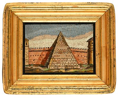 Anonimo, Placca in mosaico minuto con la Piramide di Caio Cestio a Roma, tra le Mura Aureliane e ...