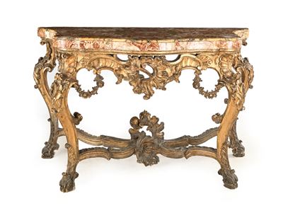 Console, legno intagliato e dorato, piano in breccia, XVIII secolo