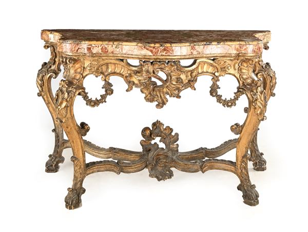 Console in legno intagliato e dorato a mecca con piano in breccia, XVIII secolo