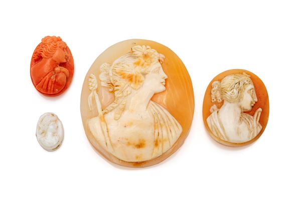 Lotto di 4 cammei su conchiglia e corallo