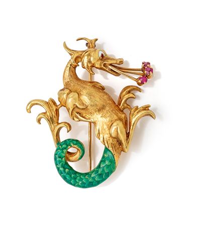 Spilla a forma di drago, oro giallo 750/000 e smalto