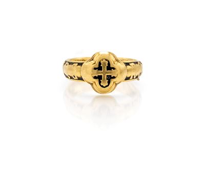 Anello antico in oro giallo 750/000 con smalti, misura 20