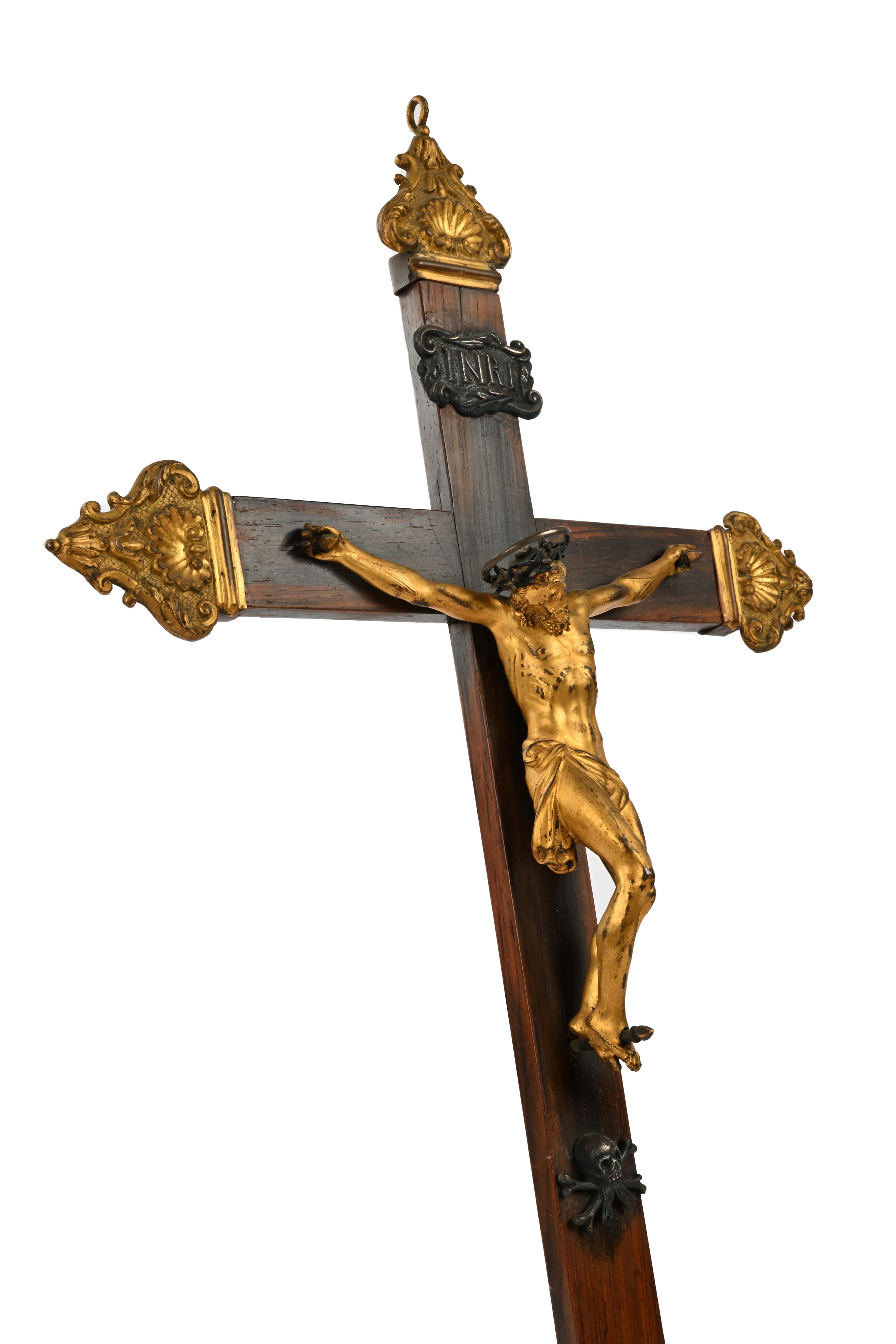 Crocifisso, legno e bronzo dorato su base in marmi vari, XVIII secolo