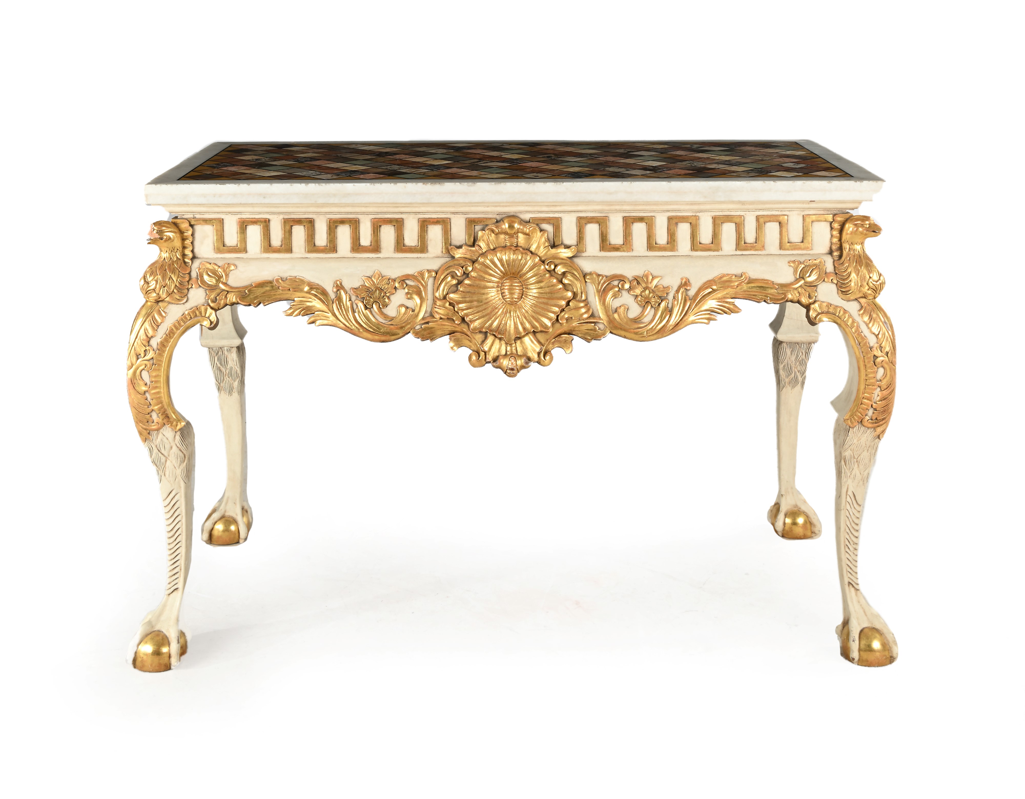 Tavolo da centro rettangolare, legno laccato bianco e oro con piano in marmo, XX secolo