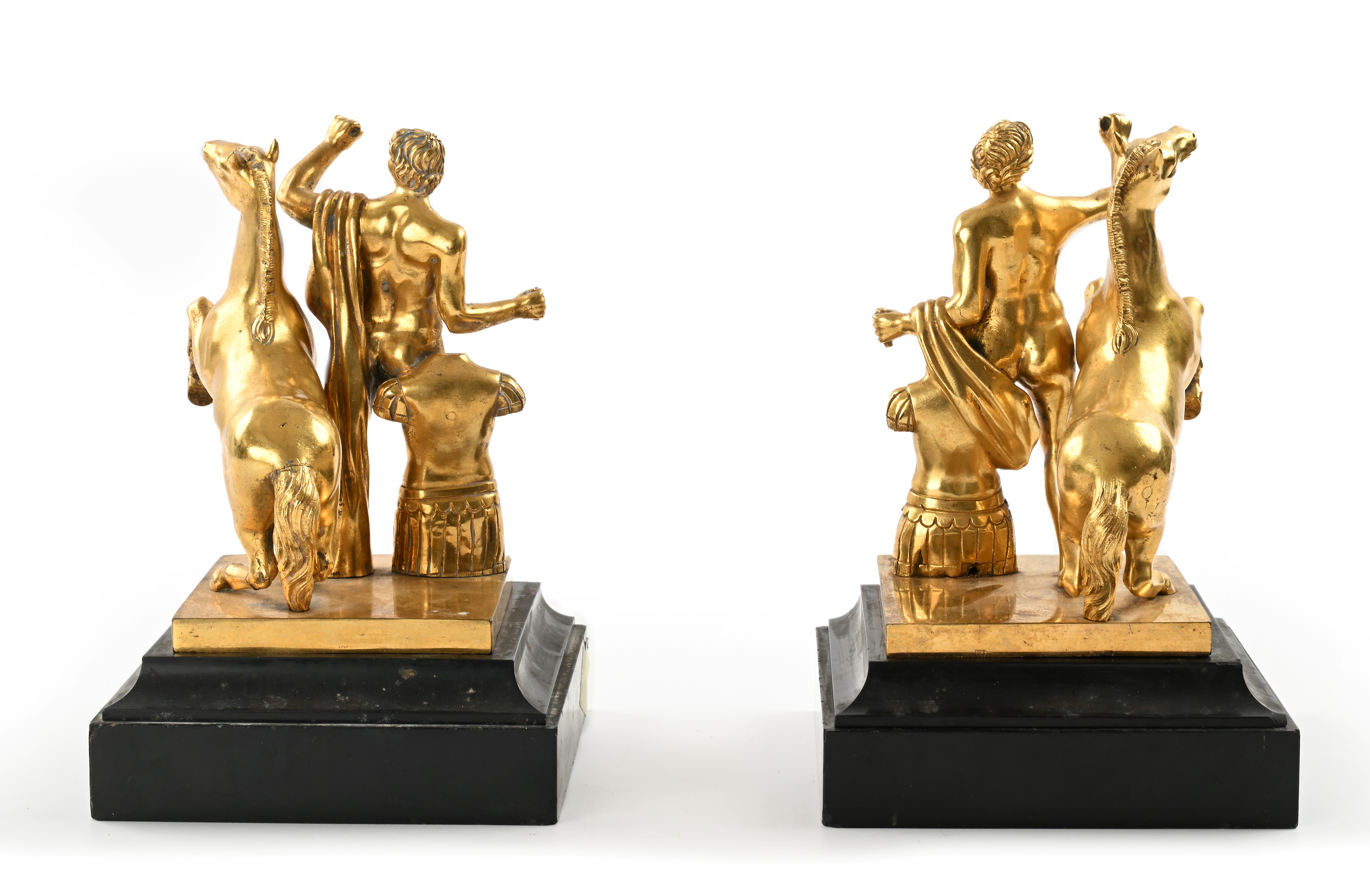 XX secolo, Coppia di sculture in bronzo dorato raffiguranti i Dioscuri (Castore e Polluce)