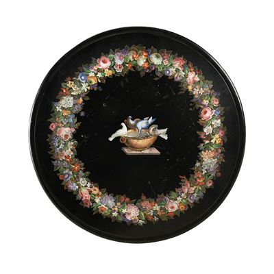 Piano circolare in marmo con micromosaico e colombe di Plinio, XIX secolo