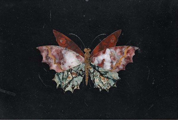 Placca in marmo nero con farfalla in commesso fiorentino, XX secolo