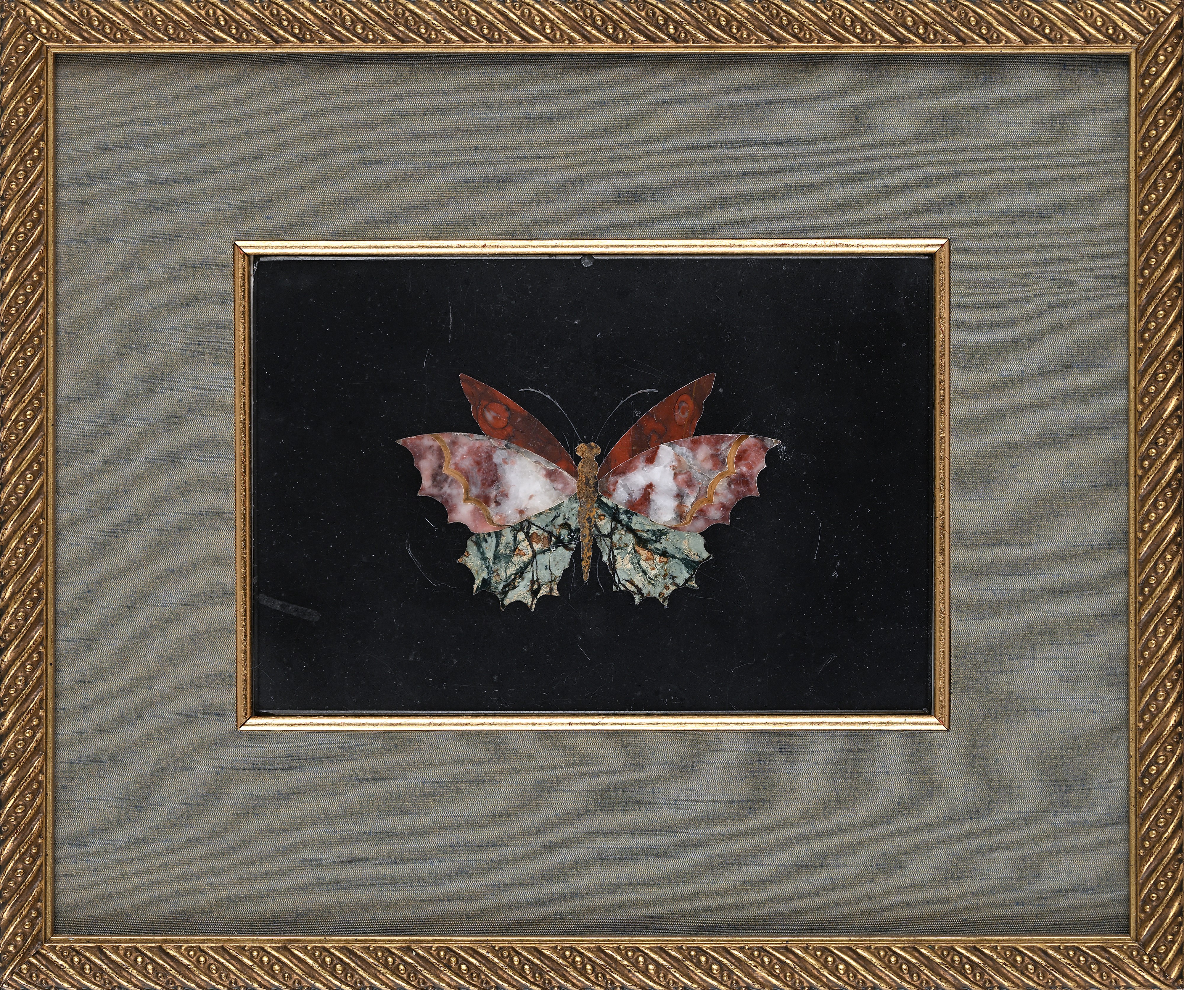 Placca in marmo nero con farfalla in commesso fiorentino, cornice, XX secolo