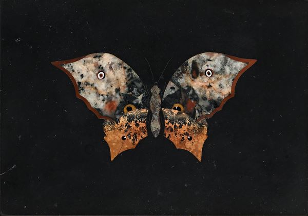 Placca in marmo nero con farfalla in commesso fiorentino, XX secolo