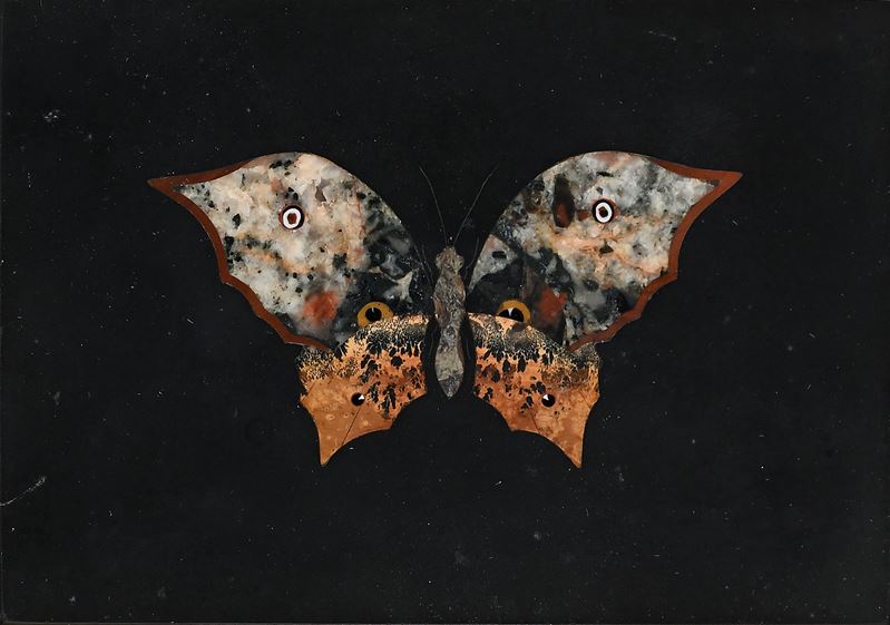 Placca decorativa, marmo nero con farfalla in commesso fiorentino, XX secolo