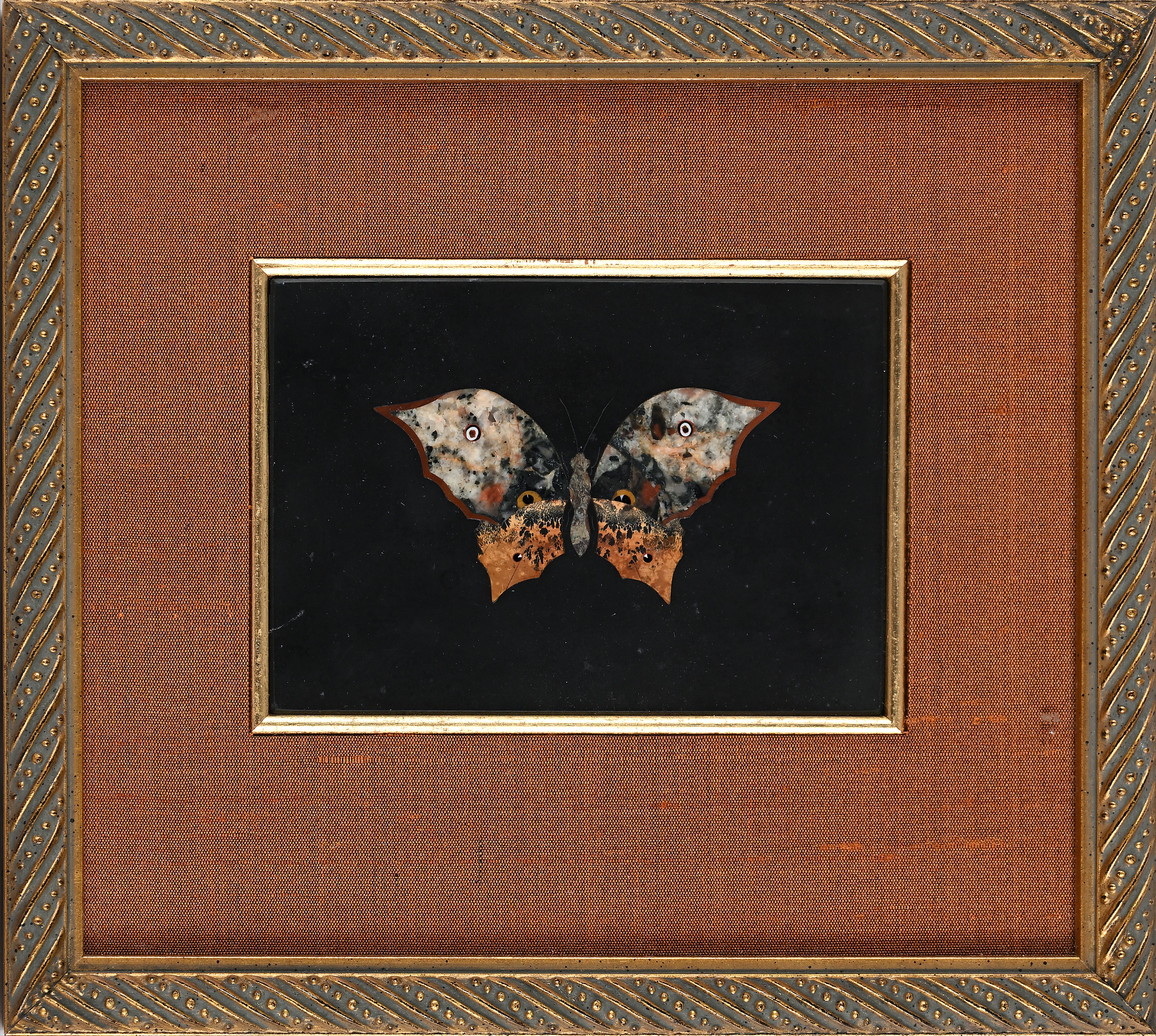 Placca decorativa, marmo nero con farfalla in commesso fiorentino, XX secolo