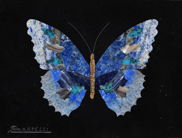 Placca in marmo nero con farfalla in commesso fiorentino, Artigianato Artistico Scarpelli, XX secolo