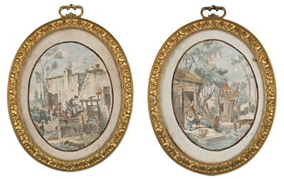 Coppia di cornici ovali, bronzo dorato, con acquerelli su carta, XIX secolo