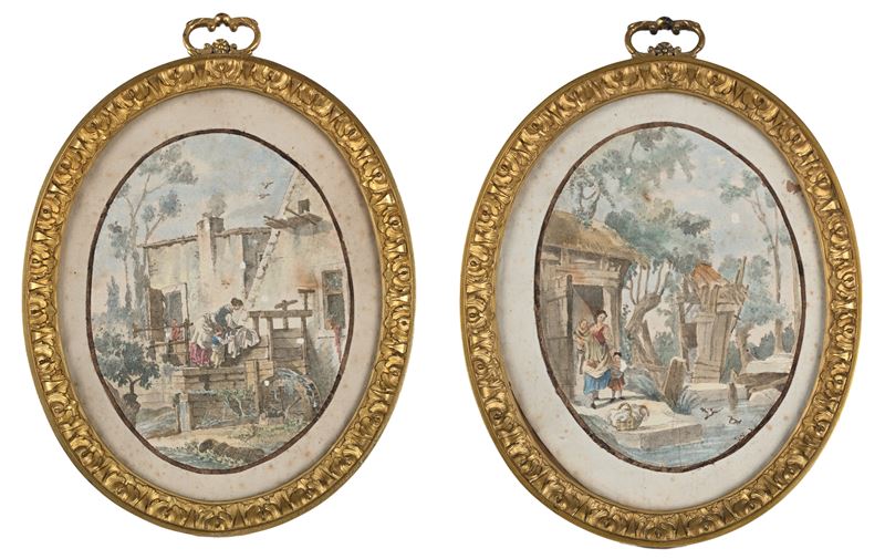 Coppia di cornici ovali, bronzo dorato, con acquerelli su carta, XIX secolo