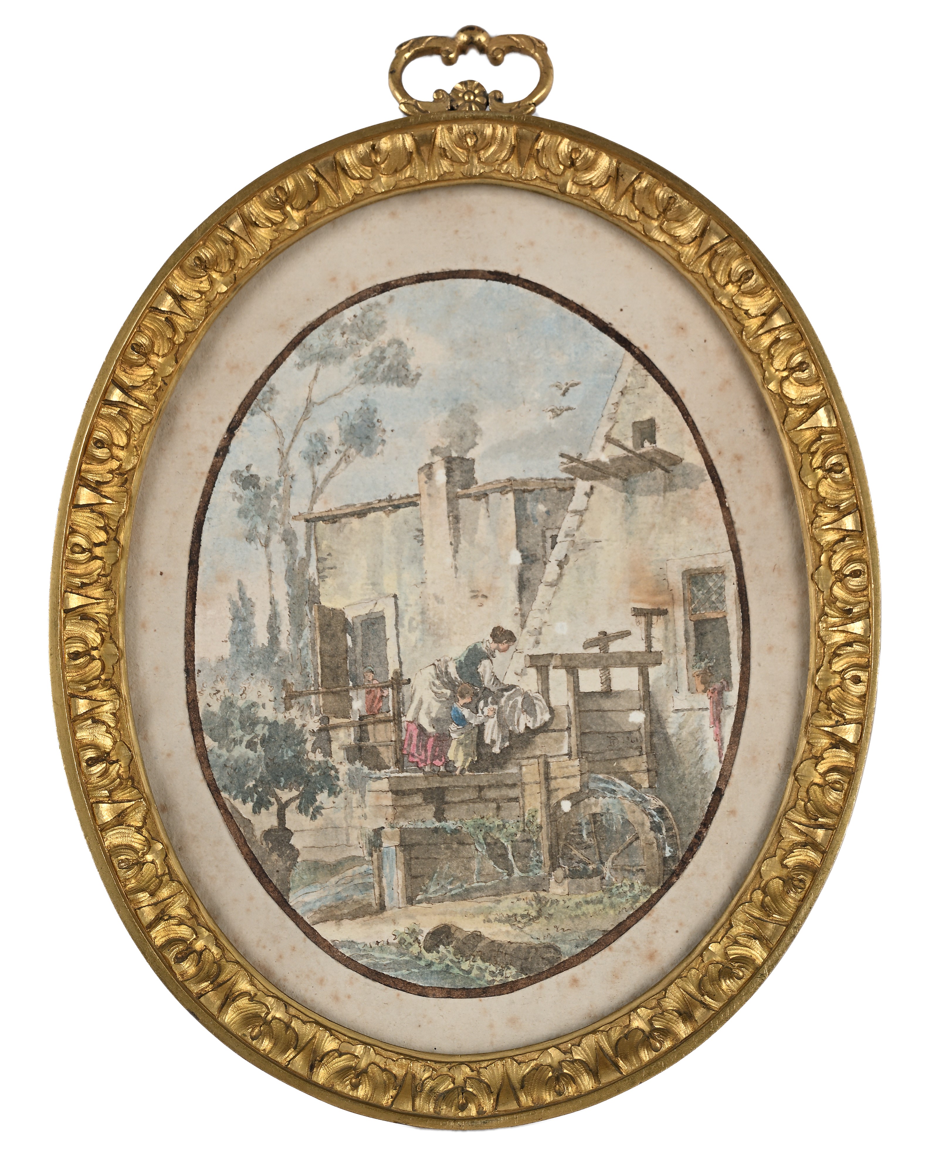 Coppia di cornici ovali, bronzo dorato, con acquerelli su carta, XIX secolo