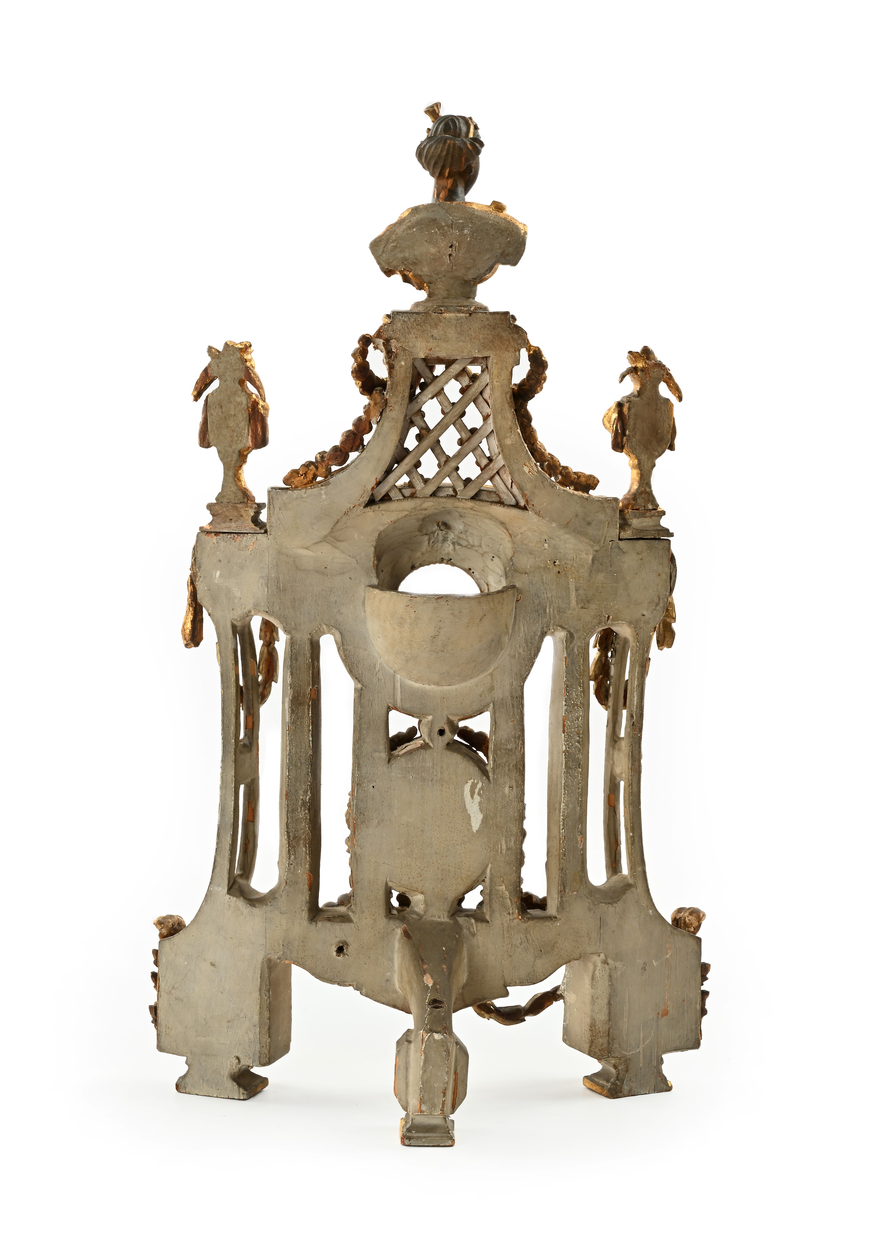 Base architettonica per orologio da tavolo, legno scolpito, laccato e dorato, fine XVIII secolo