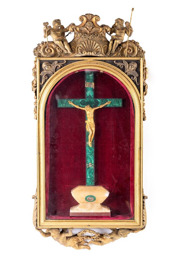 Edicola in bronzo dorato con crocifisso in malachite, XVIII/XIX secolo