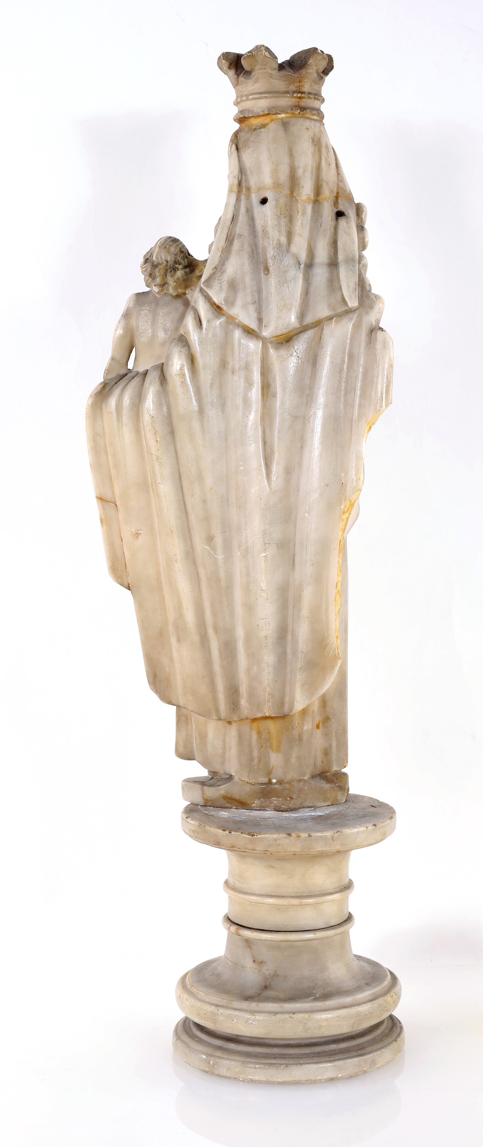 Scultura di Madonna col Bambino, marmo su piedistallo a rocchetto, XIX secolo