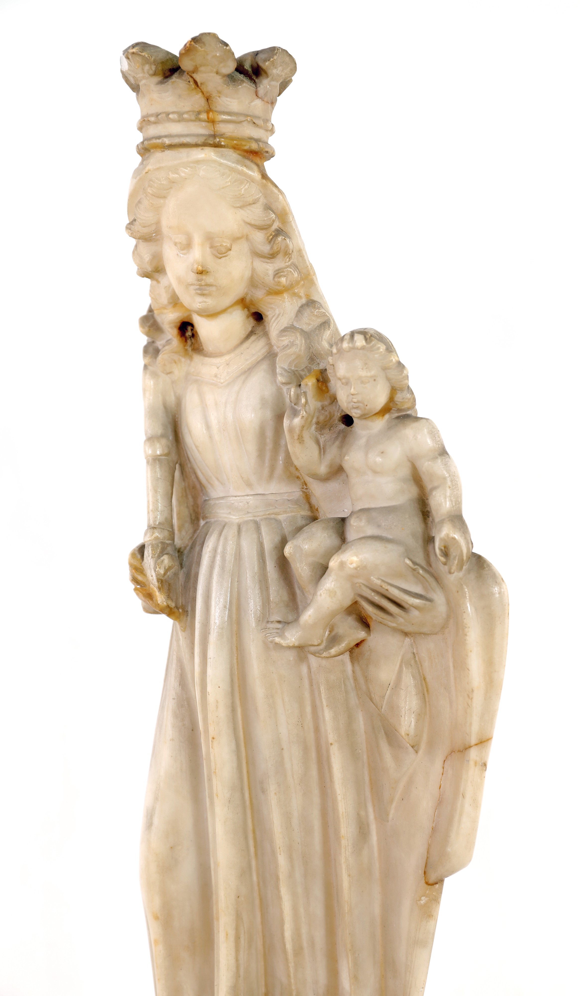 Scultura di Madonna col Bambino, marmo su piedistallo a rocchetto, XIX secolo