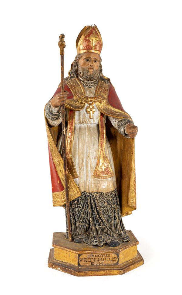 Scultura in legno laccato e dorato raffigurante il Santo Vescovo Federico di Utrecht
