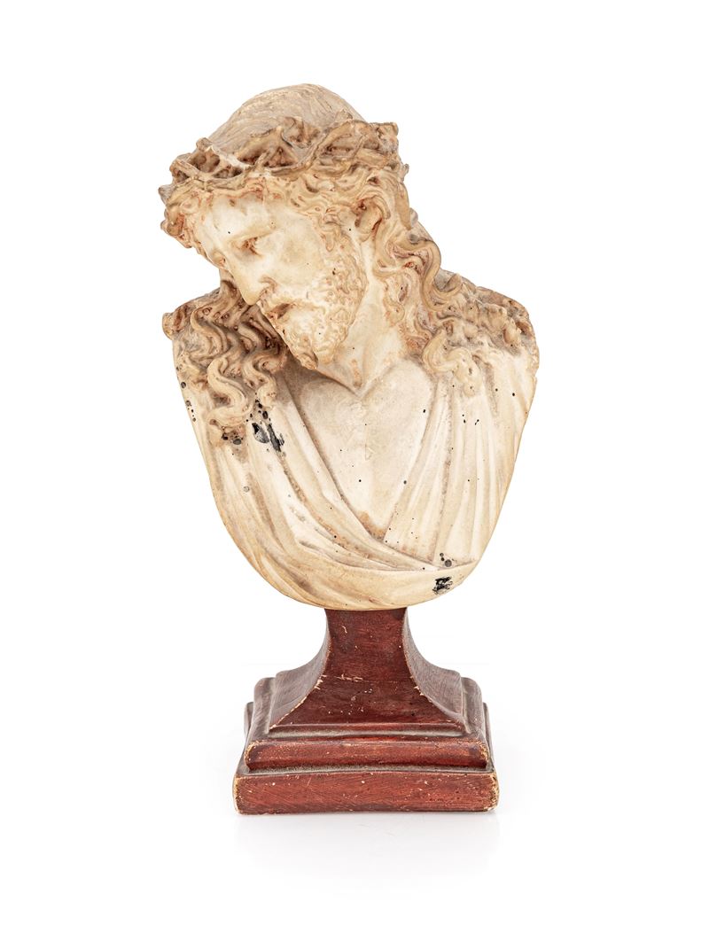 Busto di Cristo, bisquit su piedistallo dipinto ad imitazione del legno