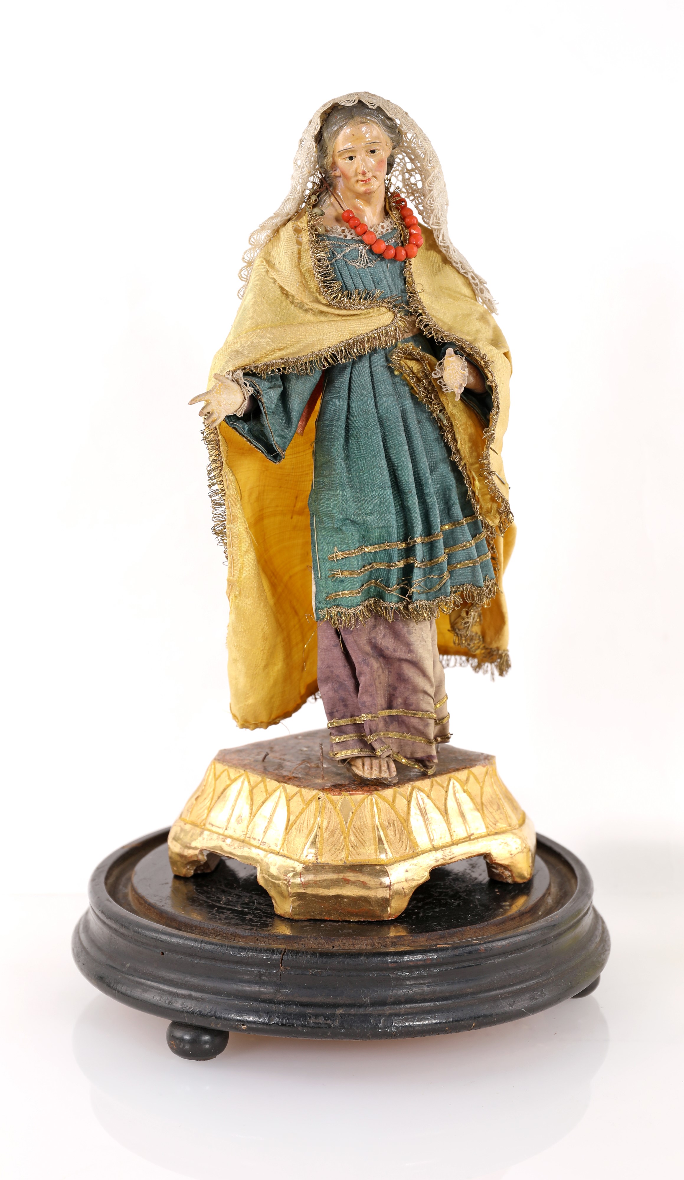 Figura da presepe raffigurante Sant’Anna, sotto campana in vetro, XIX secolo