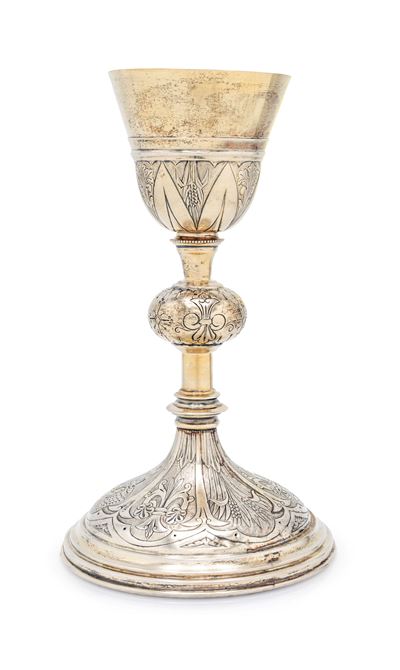 Calice liturgico, argento inciso con spighe e grappoli d’uva