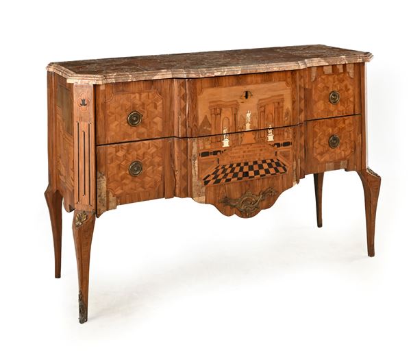 Cassettone in legni vari con finiture in bronzo dorato e piano in marmo rosso, Francia, inizi del XIX secolo