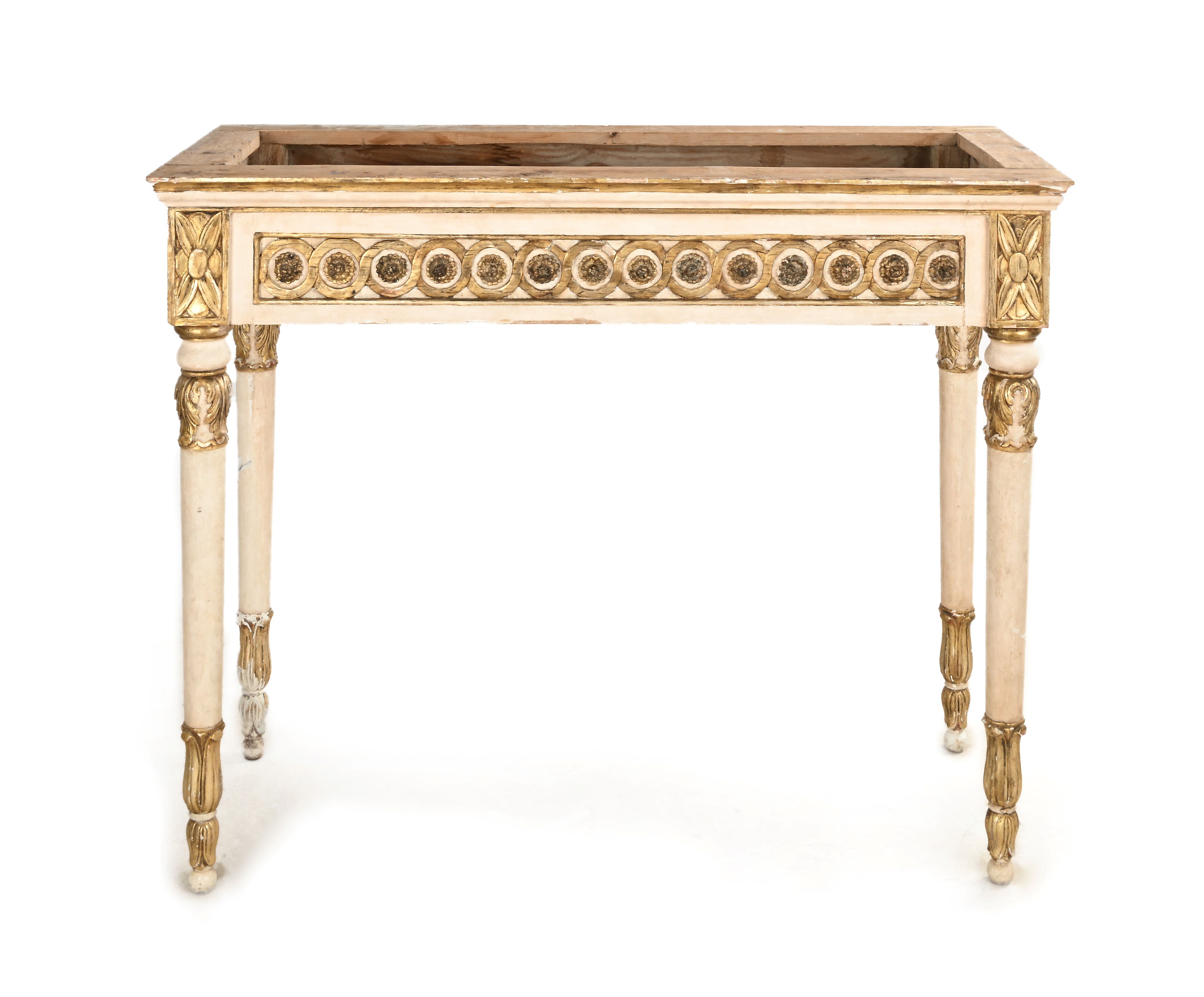 Console, legno laccato bianco e decorazioni dorate a motivi circolari