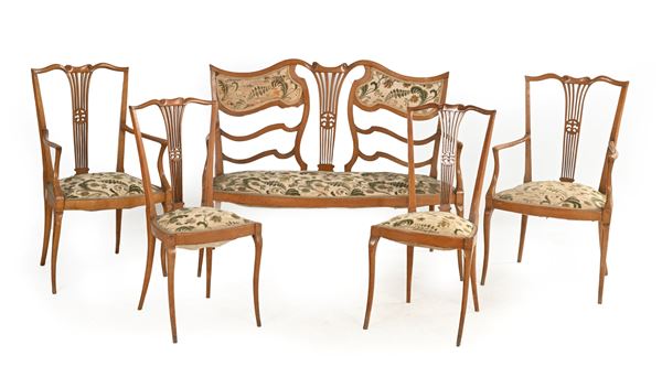 Divano, coppia di poltrone e coppia di sedie in legno di frutto, inizi del XX secolo - rotture  - Auction Time Auction - Antiques: Furniture, Accessories, Prints and Porcelain - Casa d'Aste Arcadia