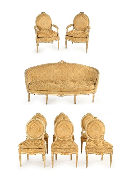 Salotto, legno laccato bianco e parti dorate con intagli decorativi, fine XVIII secolo