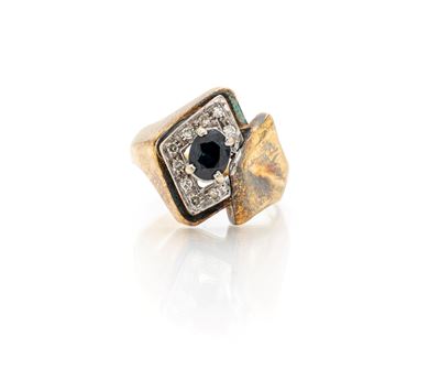 Anello in oro giallo 750/000 con zaffiro e diamanti, misura 11
