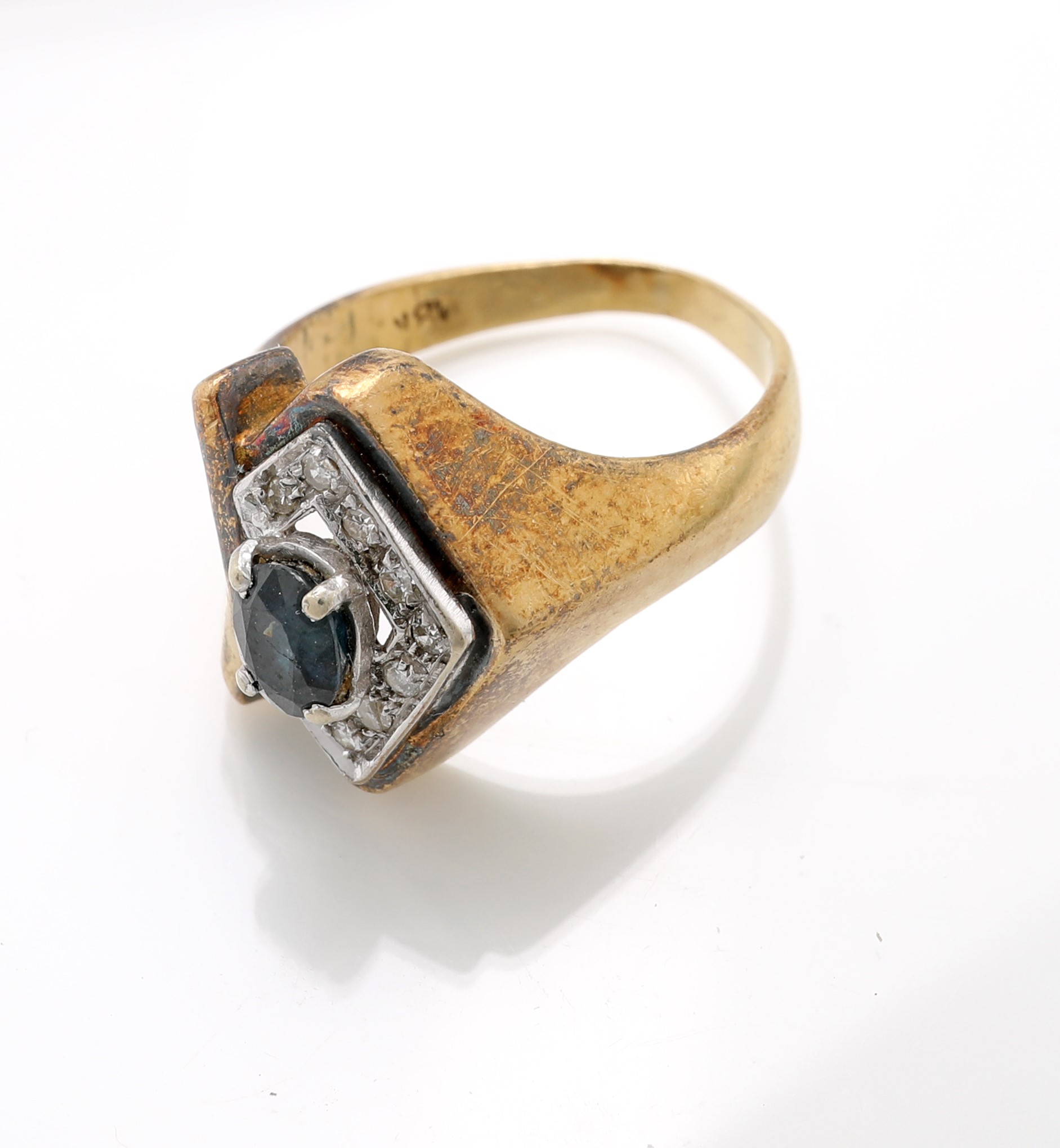 Anello in oro giallo 750/000 con zaffiro e diamanti, misura 11