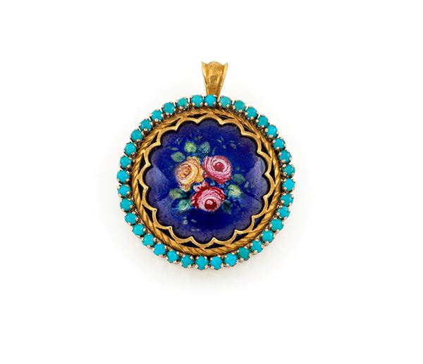 Spilla pendente in oro, smalti e turchesi  - Auction Everyday Jewels - Under 3K - Casa d'Aste Arcadia