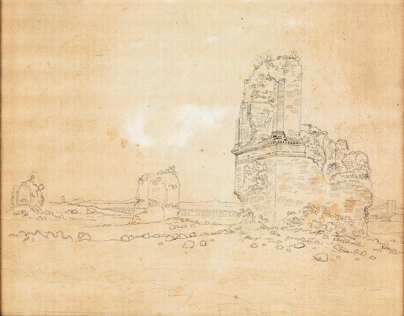 Carlo Labruzzi - Tre Bozzetti a Matita Raffiguranti Rovine Romane