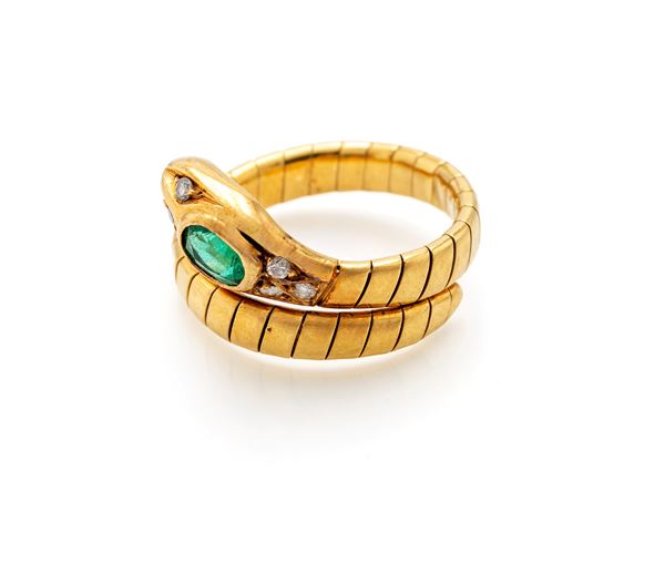 Anello a serpente in oro, smeraldo e brillanti