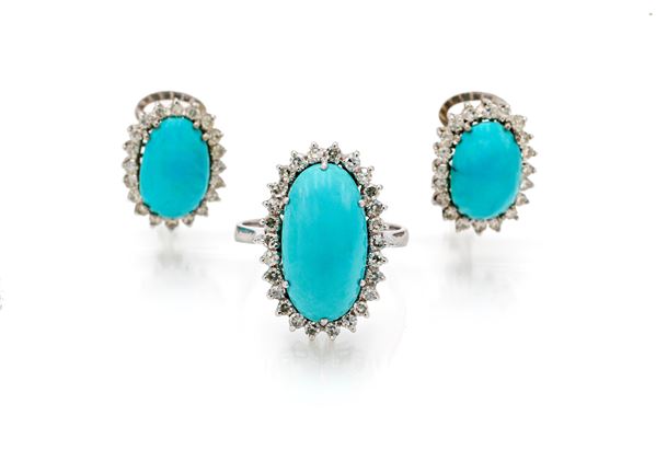 Parure anello e coppia di orecchini in oro, turchese e brillanti