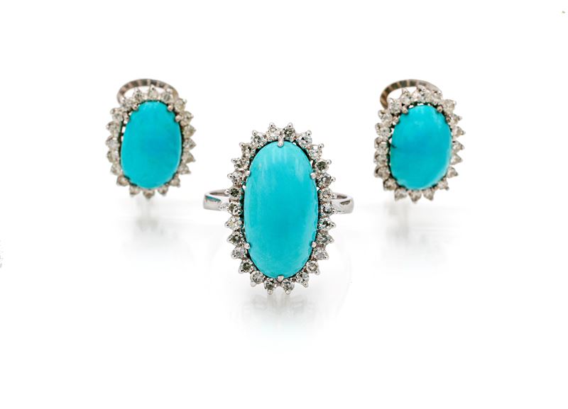 Oro bianco 750/000, Parure anello e coppia di orecchini con turchese e brillanti