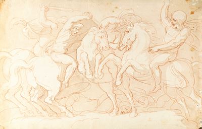 Scontro di cavallerie (recto) e Studio di coppia (verso) – penna, inchiostro bruno acquerellato e...