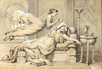 Minerva appare a Penelope (disegno a penna e inchiostro bruno con acquerellature e rialzi di biac...