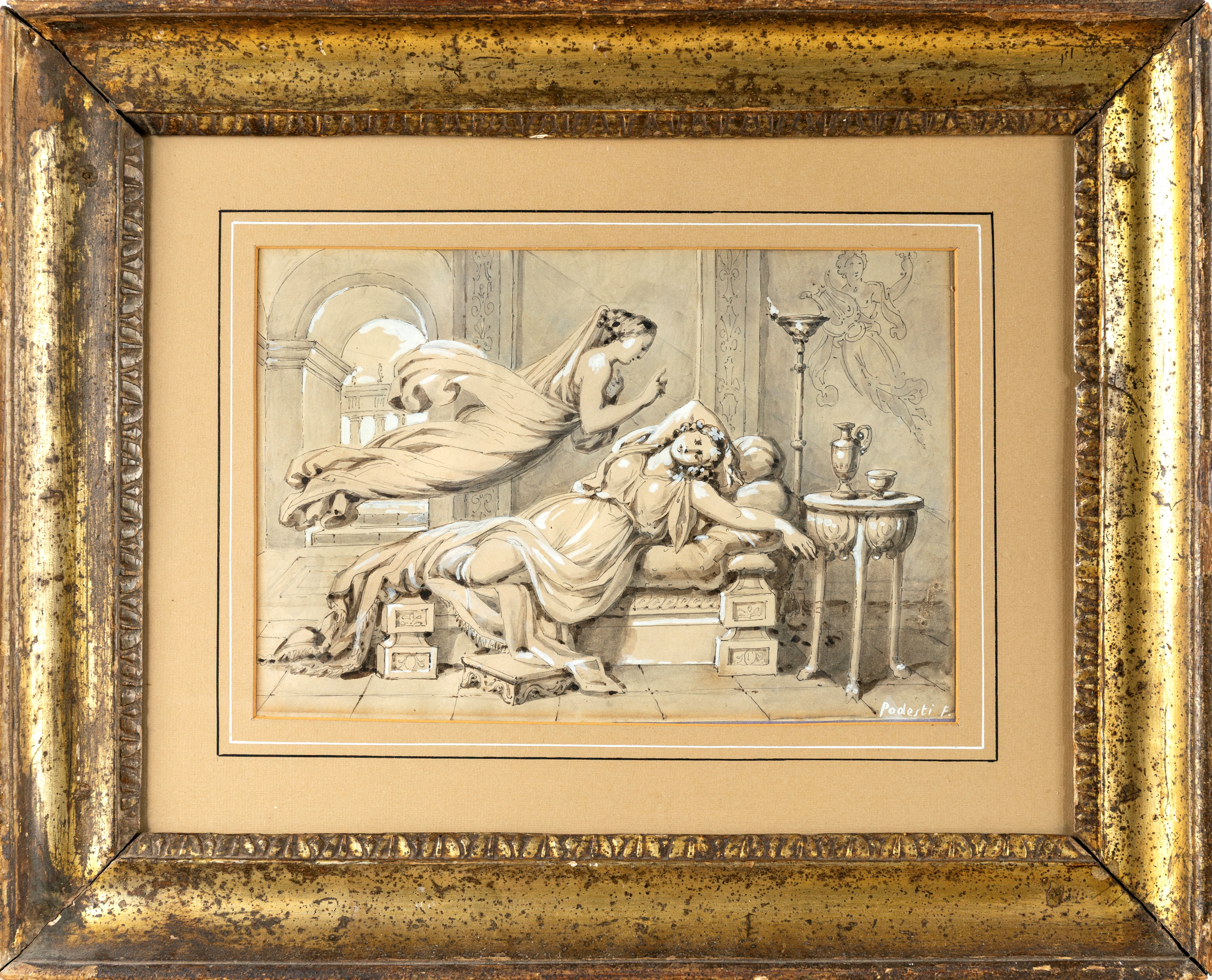 Francesco Podesti - Minerva appare a Penelope (disegno a penna e inchiostro bruno con acquerellat...