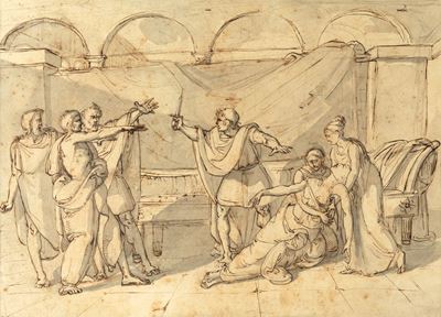 Giuramento degli Orazi (recto) e Studio di nudo accademico (verso) - penna e inchiostro bruno acq...