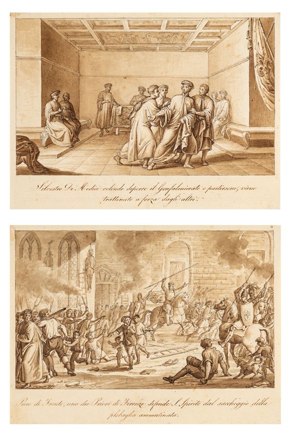 Scuola neoclassica fiorentina - Silvestro De Medici volendo deporre il Gonfalonierato e partirsene, viene trattenuto a forza dagli altri - Piero di Fronte, uno dei Priori di Firenze difende S. Spirito dal saccheggio della plebaglia ammutinata