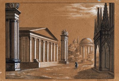 Paesaggio classico, penna e inchiostro acquerellato su carta, 1834