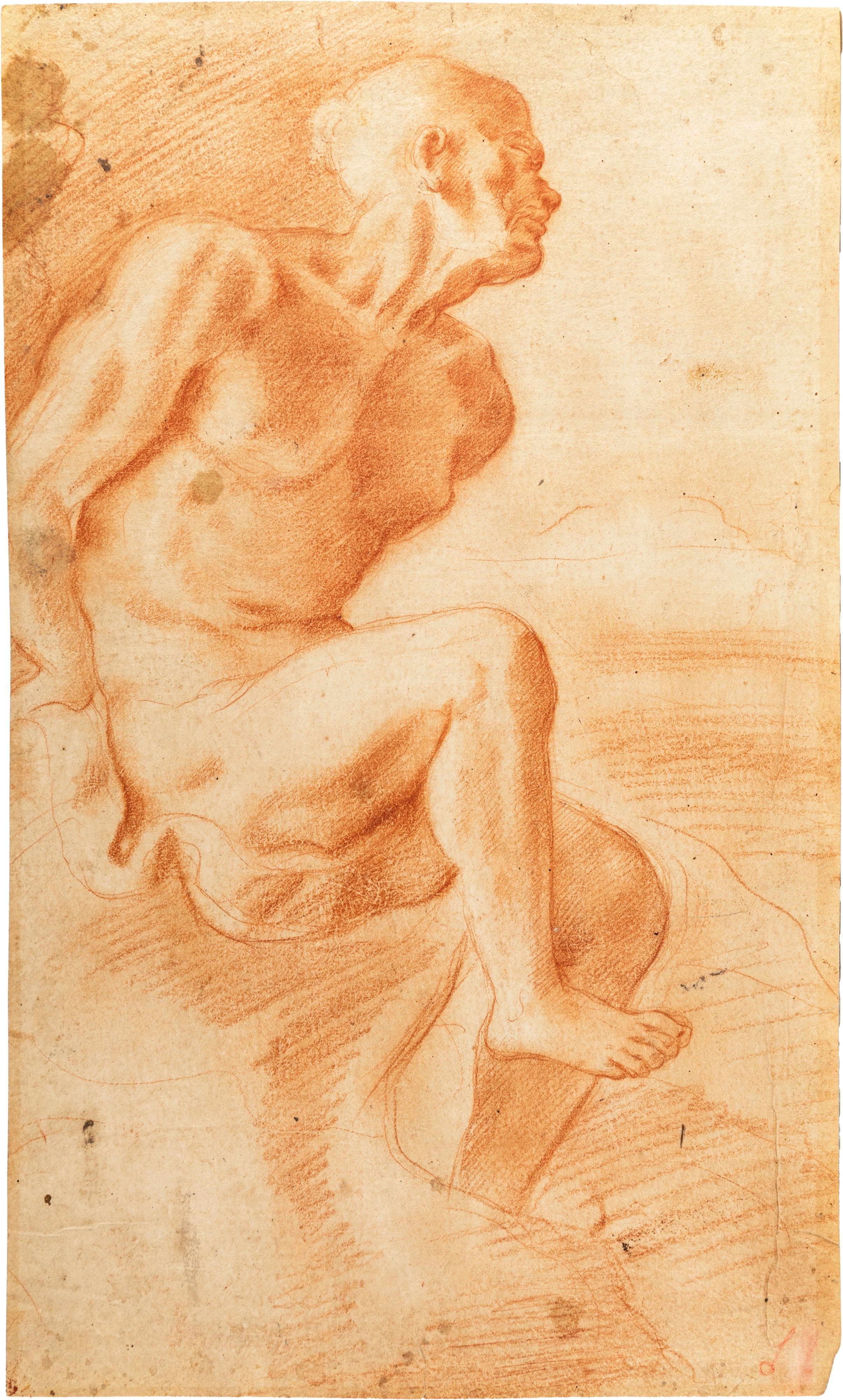 Scuola Italiana del XVII Secolo - Studio di nudo (recto e verso) in pietra rossa su carta