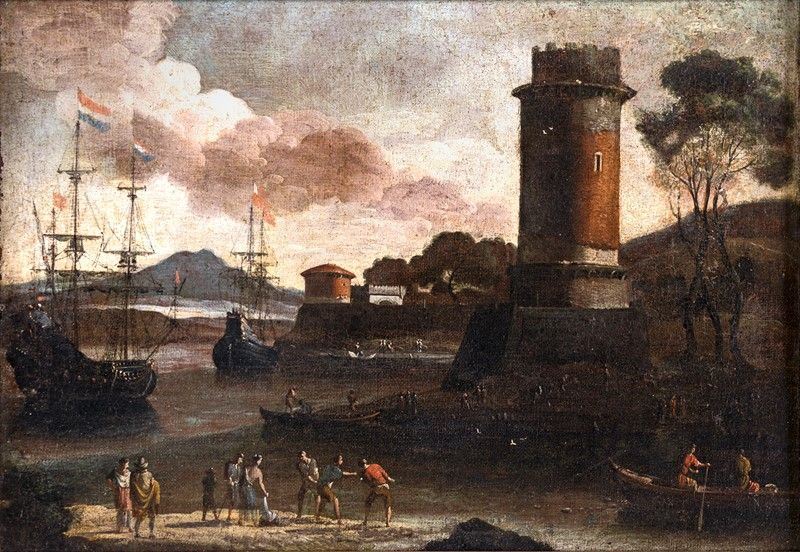 Scuola Fiamminga del XVII Secolo - Veduta Portuale con Torre