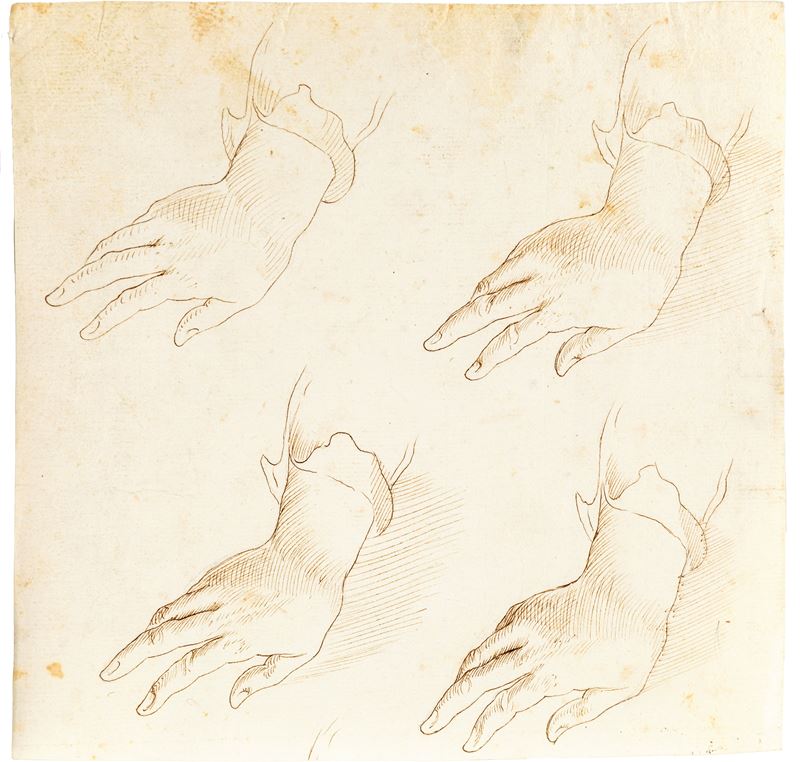 Scuola Romana del XVIII Secolo - Studi di mani (inchiostro su carta)