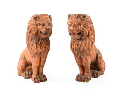 Coppia di leoni seduti, scultura in legno