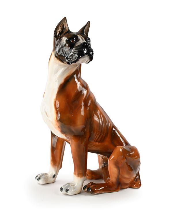 Cane boxer in ceramica policroma